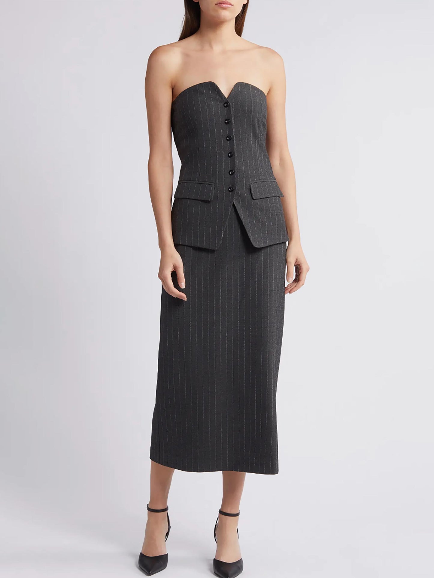 Strapless Pinstripe Midi Dress