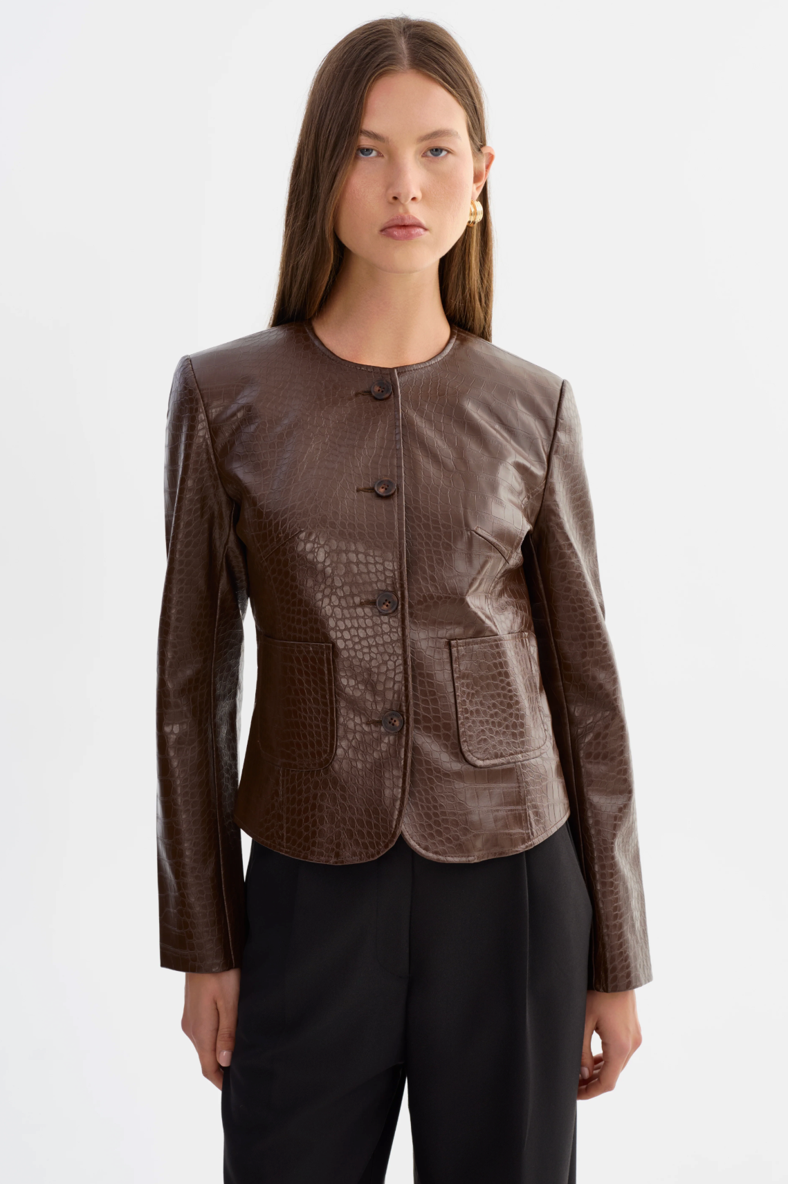 Faux Leather Croco Jacket Brown