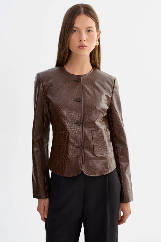 Faux Leather Croco Jacket Brown