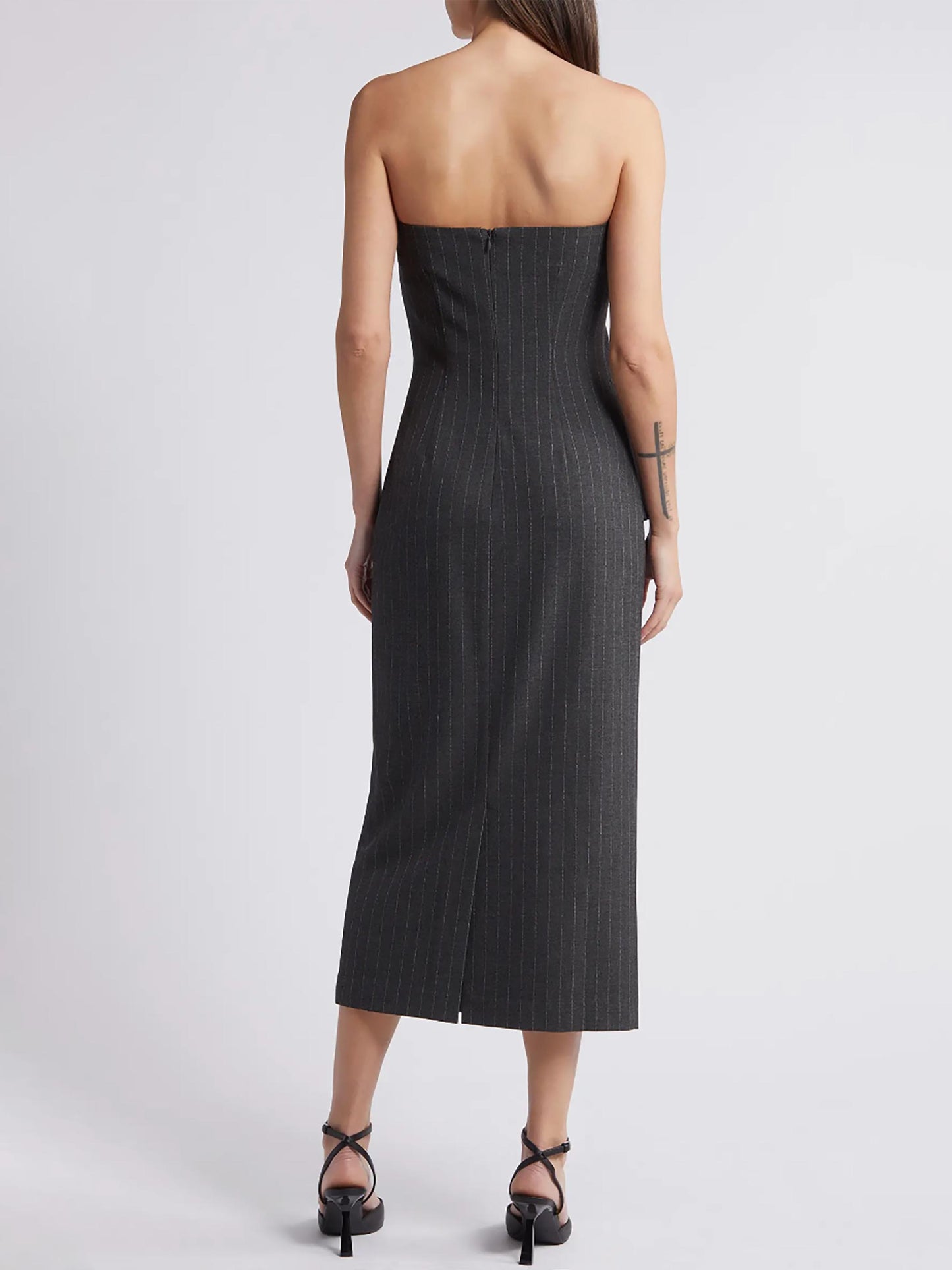 Strapless Pinstripe Midi Dress