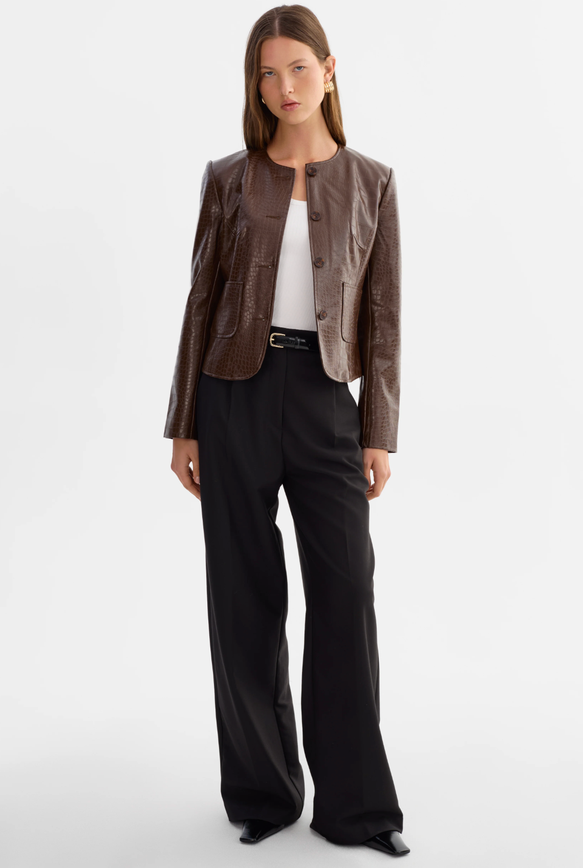 Faux Leather Croco Jacket Brown