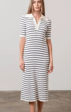 Collar Striped Knit Midi